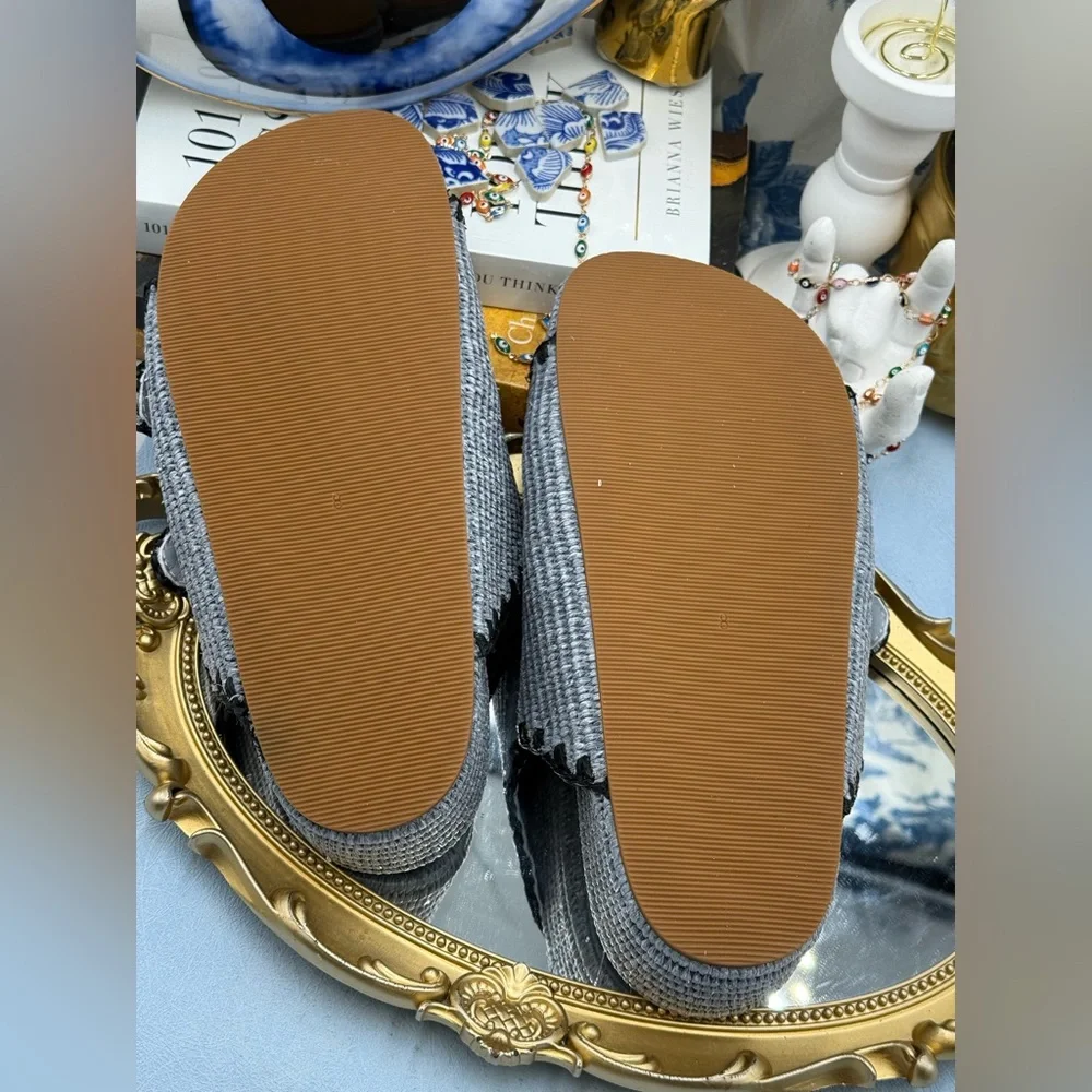 🆕 LOEFFLER RANDALL 🧿 NWOB Theo Embroidered Raffia Platform Sandal, Blue Sz 8
